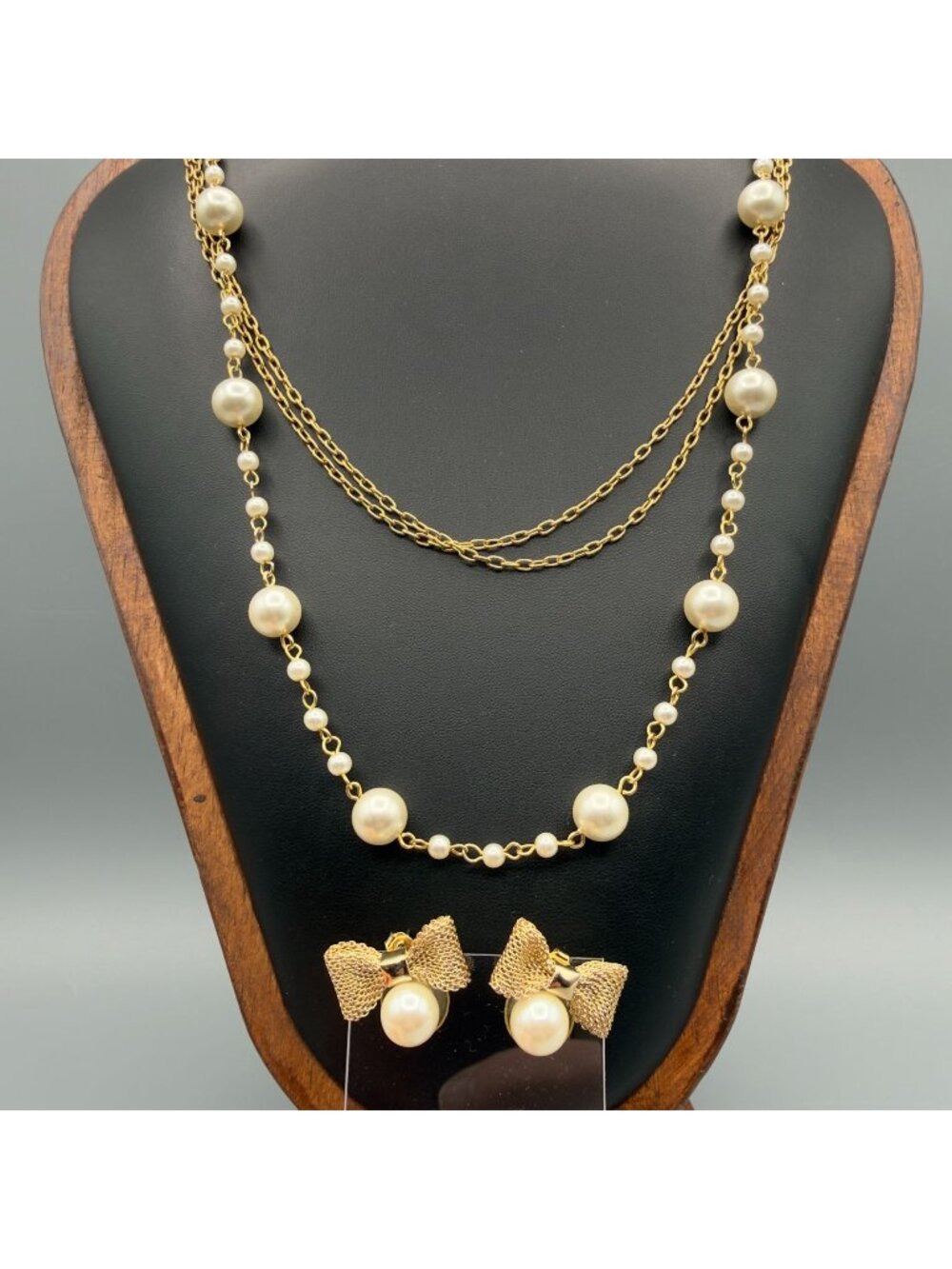 Vintage Faux Pearl Gold Tone Multi Strand Necklace Earrings Lot Set of 4